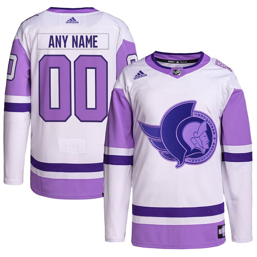Men Ottawa Senators adidas White Purple Hockey Fights Cancer Primegreen Authentic Custom NHL Jersey